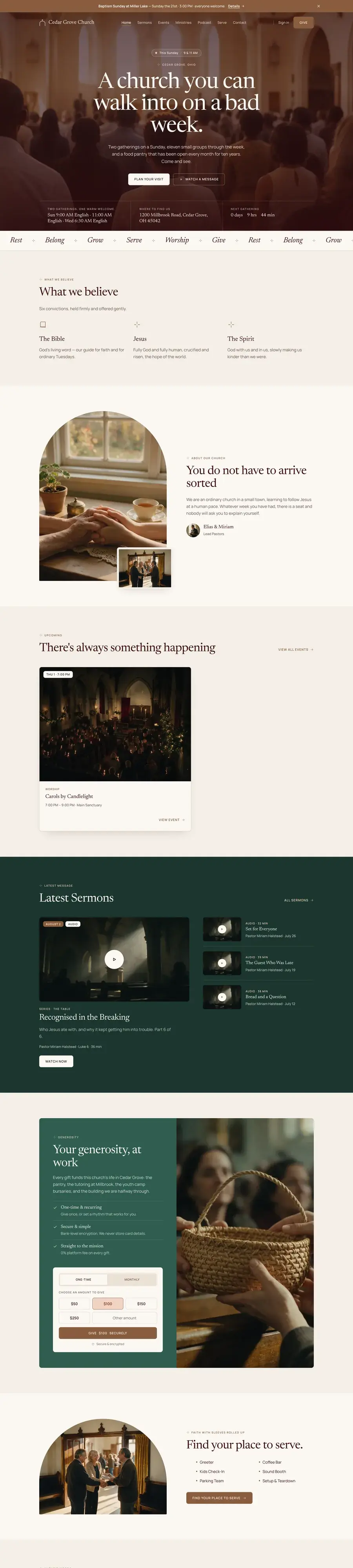 A church home page built with OnChurch, from top to bottom: a welcome, what the church believes, upcoming events, latest sermons, giving, serving and ministries.