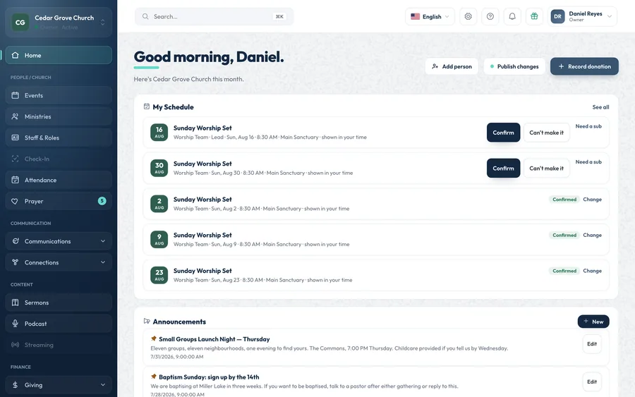 The OnChurch dashboard, with navigation for events, ministries, staff and roles, attendance, prayer, communications, people, sermons, podcast and giving.