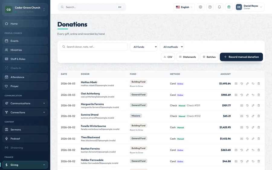 The OnChurch Donations table: every gift with date, donor, fund, method (card, check with its number, or cash; online or recorded by hand) and amount, with CSV, statements and batches buttons and a button to record a manual donation.