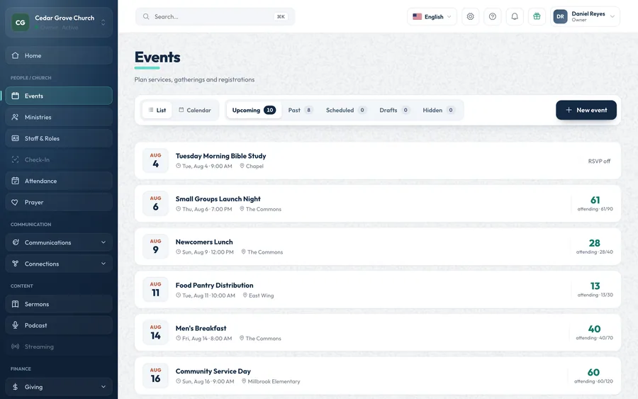 The OnChurch Events list.