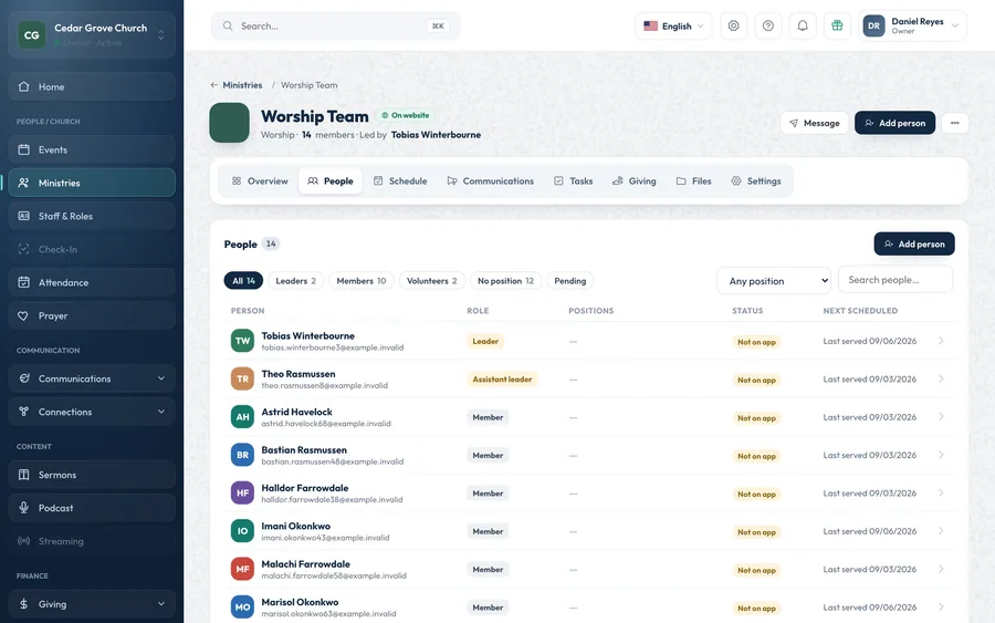 A ministry workspace in OnChurch with Overview, People, Schedule, Communications, Tasks, Giving, Files and Settings tabs, on the People tab listing leaders, members and volunteers and when each last served.