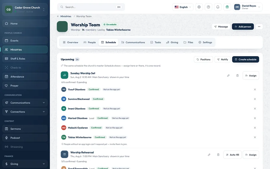 A worship team’s schedule in OnChurch: upcoming Sunday sets and rehearsals with the volunteers assigned, who has confirmed, and buttons to assign, auto-fill, notify and create a schedule.