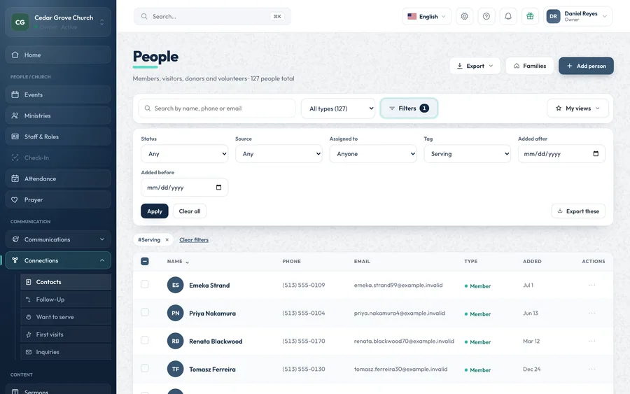 The OnChurch People list with the filters panel open: status, source, assigned to, tag and date added, with a tag filter applied to the contacts table.