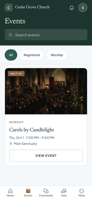 Upcoming events in the OnChurch member app.
