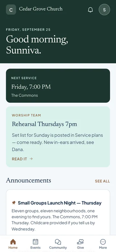 The OnChurch member app home screen in a church’s own colours: a good-morning greeting, the next service, a note from the worship team and announcements.