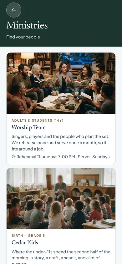 Find your people in the OnChurch member app: photo cards for ministries with who they’re for, what they do and when they meet.