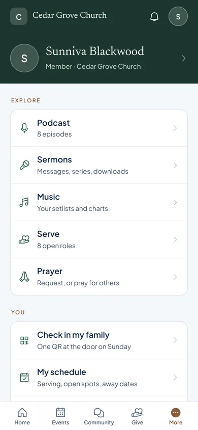 The More screen of the OnChurch member app, with My schedule for serving, open spots and away dates.
