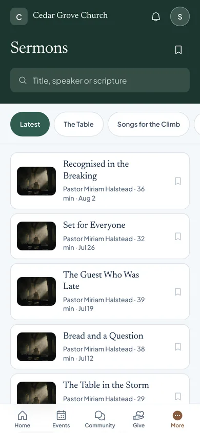 Sermons in the OnChurch member app: search by title, speaker or scripture, series filters and recent messages with speaker, length and date.