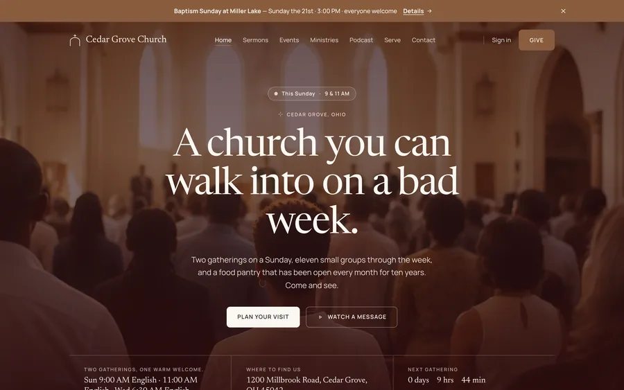 A church website built with OnChurch: an announcement bar, navigation with a Give button, and a full-width welcome with Plan your visit and Watch a message buttons.