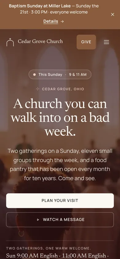 A church website built with OnChurch on a phone: an announcement bar, the church name, a welcome, and Plan your visit and Watch a message buttons.