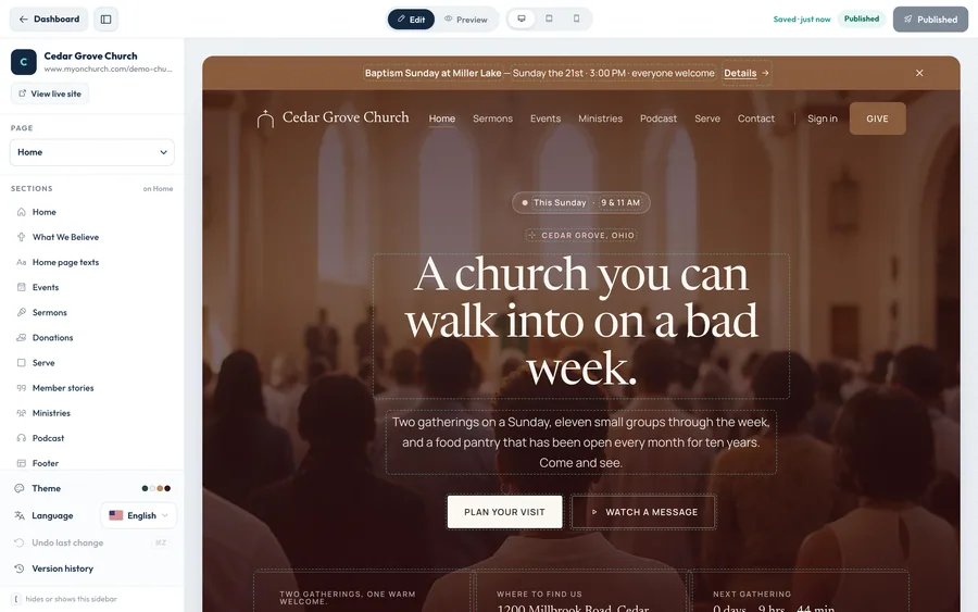 The OnChurch website builder: a sidebar with the page picker, the sections of the home page, theme, language, undo and version history, beside a live, editable view of a church’s website.
