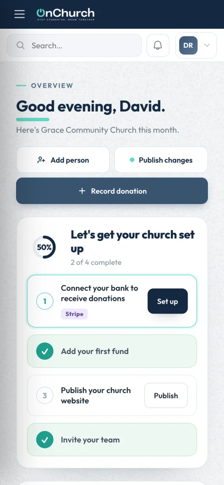 The OnChurch dashboard on a phone