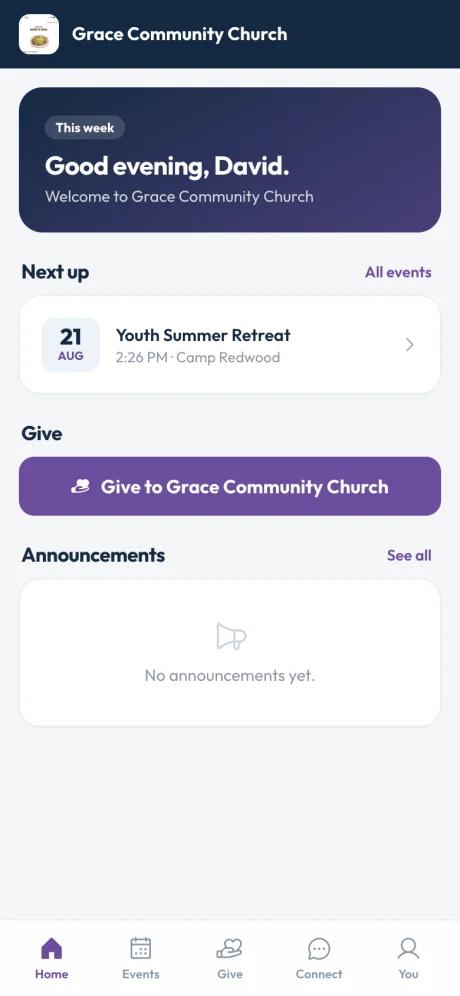 The OnChurch member app on a phone