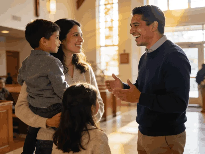A pastor talking with a family after service