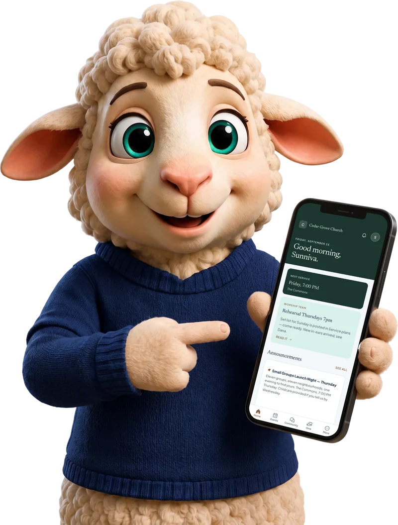 Theo, the OnChurch lamb, holding up a phone with the OnChurch member app: a church’s home screen with the next service, a note from the worship team and announcements.